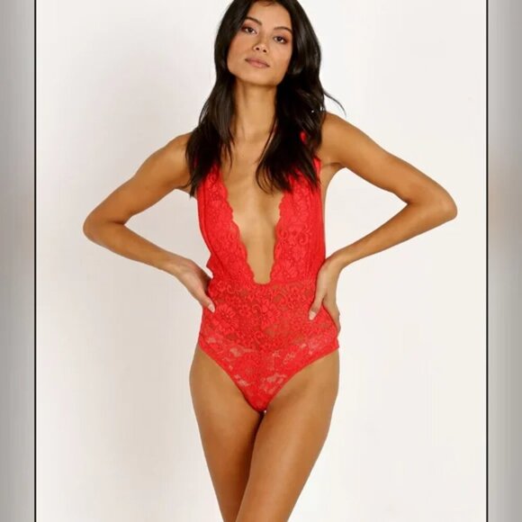 NWT $78 HAH Comin' In HAHt Lace Bodysuit Lingerie Siren Red Plunge V-Neck XS - Picture 1 of 6